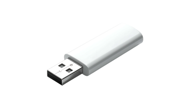 A sleek, white rectangular USB flash drive, featuring a standard USB-A connector, is shown angled slightly.  It's a simple, portable data storage device