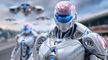 Advanced transformer robot stands ready amid blurred allies and a flying vehicle over a dramatic sky, evoking futuristic warfare, technology, and relentless machine power