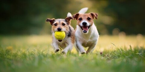 The joyful dogs playing together in a sunny green field with a tennis ball.