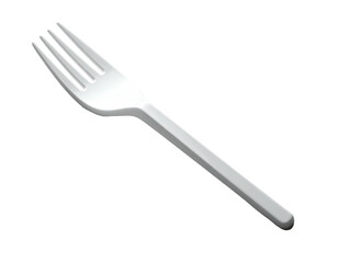 A single-use, white plastic fork, sleek and simple design, shown at an angle against a black background
