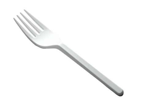 A single-use, white plastic fork, sleek and simple design, shown at an angle against a black background