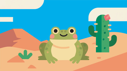 Illustration Of A Small Fat Frog With A Funny Expression In The Desert With A Cactus Vector Design Template