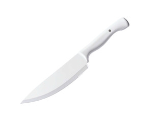 A sleek, all-white, plastic chef's knife with a gently curved blade and ergonomic handle, isolated on a black background