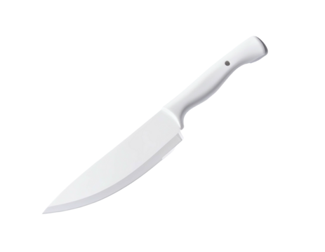 A sleek, all-white, plastic chef's knife with a gently curved blade and ergonomic handle, isolated on a black background