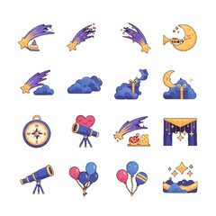 Set of celestial and party-themed icons including shooting stars, clouds, moon, telescope, and balloons, perfect for design projects