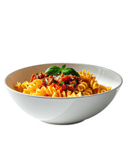A white bowl filled with rotini pasta, a rich tomato-based sauce, and a garnish of fresh basil
