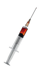 A transparent syringe filled with a dark reddish-brown liquid, needle pointing right, angled against a black background