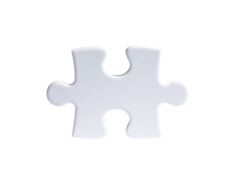 A single, off-white, glossy puzzle piece,  rendered in 3D, with slightly raised edges, set against a black background