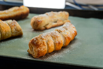 Puff pastry braid with jam filling. Baked goods. Desserts. Food concept.