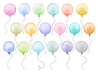 Set of colorful watercolor balloons with strings on transparent background. Hand-painted festive design elements for party invitations, greeting cards, birthday decorations, and celebration projects.