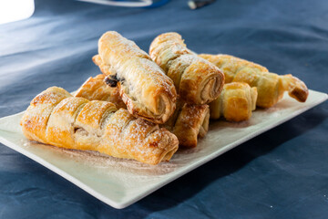Puff pastry braid with jam filling. Baked goods. Desserts. Food concept.