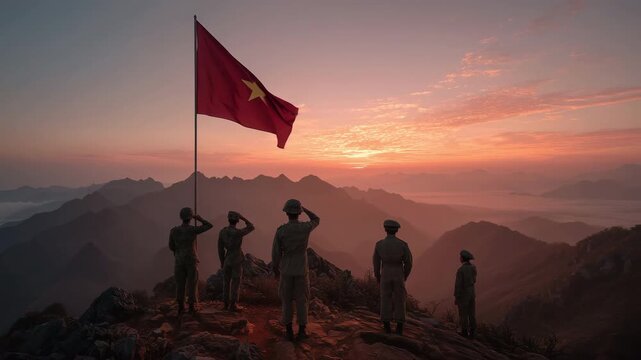 Soldiers saluting at sunrise with a Vietnamese flag atop a mountain, showcasing camaraderie and patriotism in a breathtaking landscape.