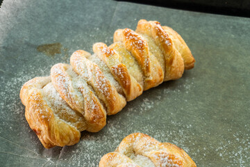 Puff pastry braid with jam filling. Baked goods. Desserts. Food concept.