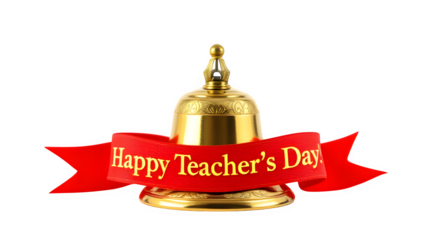 Golden School Bell with Teacher's Day Ribbon, isolated on transparent background