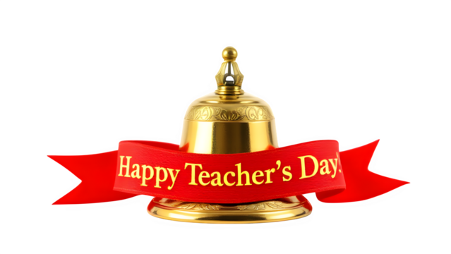 Golden School Bell with Teacher's Day Ribbon, isolated on transparent background