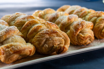 Puff pastry braid with jam filling. Baked goods. Desserts. Food concept.