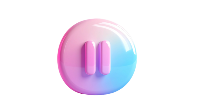 A glossy, pastel-pink-and-blue circular button features a raised, 3D rendered pause symbol