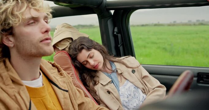 Road trip, couple and passenger sleeping in car with journey fatigue, driving or holiday adventure. Transportation, people and tired woman with nap in vehicle for travel, vacation getaway and resting