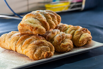 Puff pastry braid with jam filling. Baked goods. Desserts. Food concept.