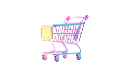 Pastel-hued 3D rendering of a small shopping cart, slightly angled, with a blank yellow box inside