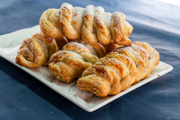 Puff pastry braid with jam filling. Baked goods. Desserts. Food concept.