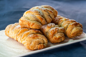 Puff pastry braid with jam filling. Baked goods. Desserts. Food concept.