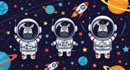 Cartoon zebra astronauts exploring a vibrant outer space with planets stars and rockets