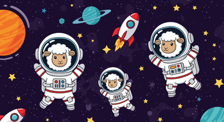 Cute cartoon sheep astronauts float in starry space with rockets and planets inspiring imagination