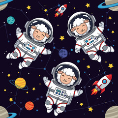 Three happy cartoon sheep astronauts float in space with planets and stars Fun childlike adventure