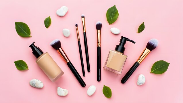 Top view of makeup brushes and foundation bottles on pink background for beauty and skincare products