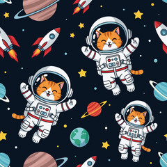 Smiling astronaut cats float happily among rockets and planets in a fun space adventure pattern