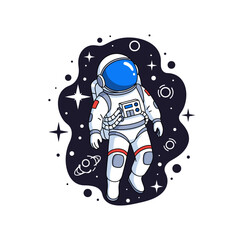 Cartoon astronaut floats in starry cosmic background Space exploration discovery dreams