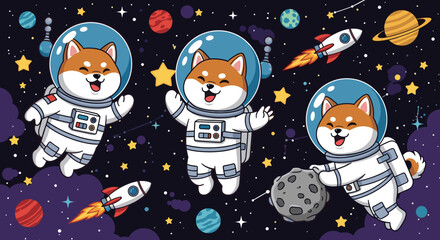 Cute Shiba Inu astronauts explore the colorful universe with rockets and planets Fun space adventure