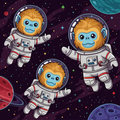 Three cheerful astronaut monkeys floating in cosmic space with planets and stars