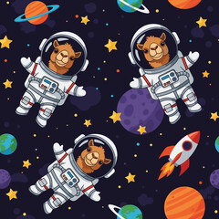 Cute cartoon camels in astronaut suits exploring space with planets and a rocket Fun cosmic adventure