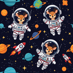 Whimsical seamless pattern of cute deer astronauts rockets and planets in outer space