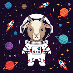Adorable cartoon goat astronaut in space surrounded by planets stars and rockets Kids fun