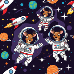 Cute deer astronauts explore outer space with planets and rockets Fun fantasy adventure