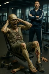 Zombie Doing Sit-Ups in Gym with Trainer Watchingpng