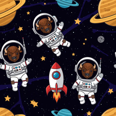 Cute cartoon bison astronauts float in space with planets stars and a rocket Kids adventure pattern