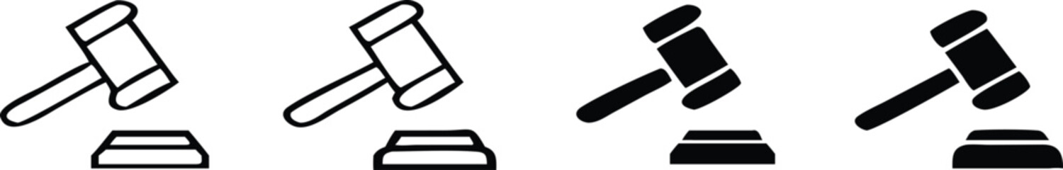 Vector art of gavel icons transitioning from outline to solid black on sound block 
