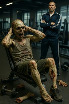 Zombie Doing Sit-Ups in Gym with Trainer Watchingpng
