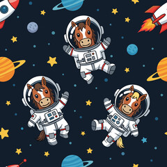 Cute cartoon horses in astronaut suits float in space with planets rockets and stars Fun adventure