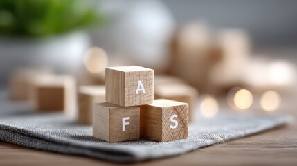 Stacked Wooden Blocks with Numbers on Burlap Against Blurred Background of Greenery and Decorative Items