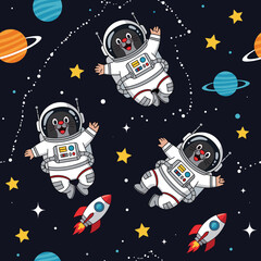 Adorable mole astronauts floating in starry outer space with planets and rockets Fun pattern