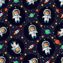 Adorable astronaut bears explore the cosmos with rockets planets and stars Childhood adventure
