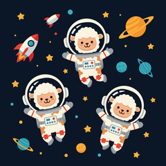 Cute sheep astronauts exploring outer space among planets stars and rockets a playful adventure