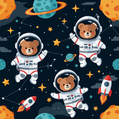 Adorable cartoon teddy bear astronauts exploring a whimsical starry outer space with planets and rockets