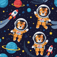 Playful cartoon tigers in astronaut suits exploring outer space with rockets and planets