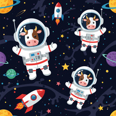 Whimsical cartoon astronaut cows float happily in colorful outer space with rockets and planets